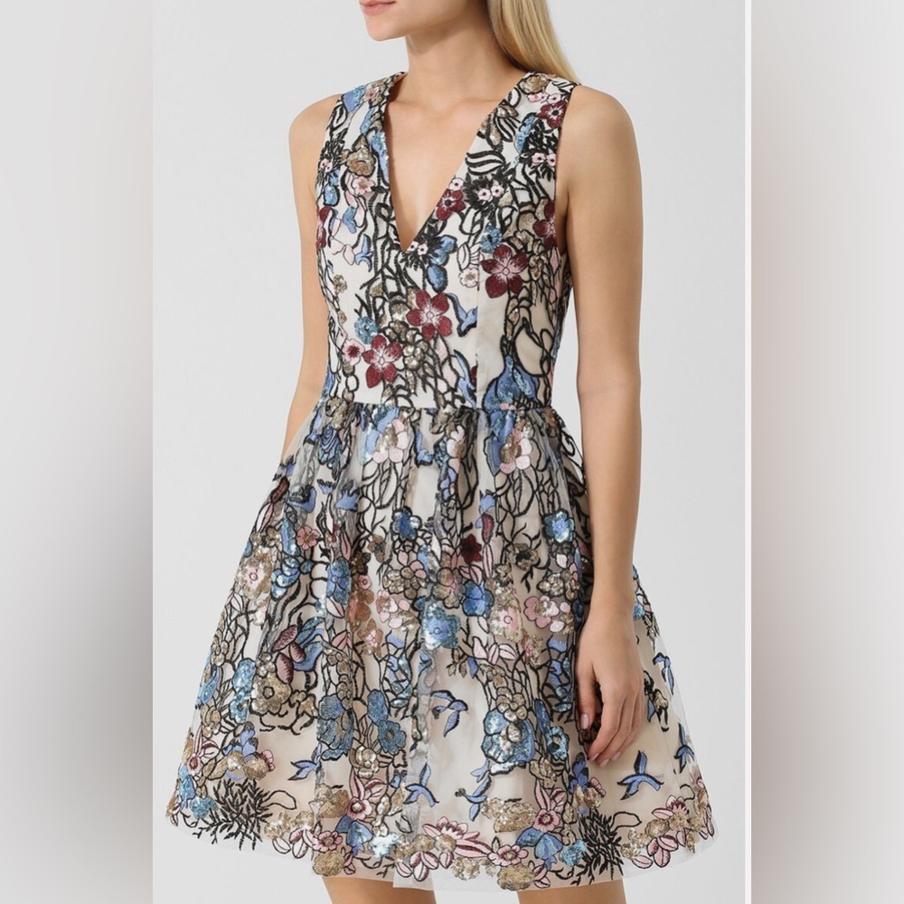 Blue and Red Plunge Neck A-line Midi Dress - Picture 2 of 10